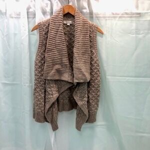 ANN TAYLOR‎ LOFT Knit Cardigan Vest Open Front Sleeveless Collared Tan Size S